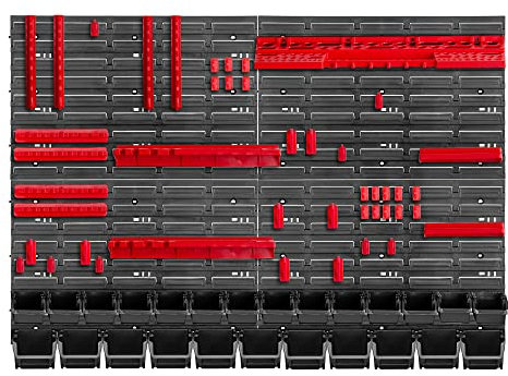 KADAX Étagère murale d'atelier robuste, 116 x 78 cm, système de stockage en plastique, résistante aux UV, plaques murales extensibles, pour garage (rouge et noir, 70 pièces)