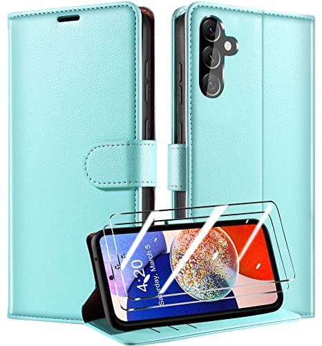 QHOHQ Handyhülle für Samsung Galaxy A14 4G/5G Hülle mit 2 Stück Panzer Schutz Glas, Premium Leder Schutzhülle, [RFID Sperrung Schutz], Magnetische Schnalle, Multifunktional, Stoßfest - Mintgrün
