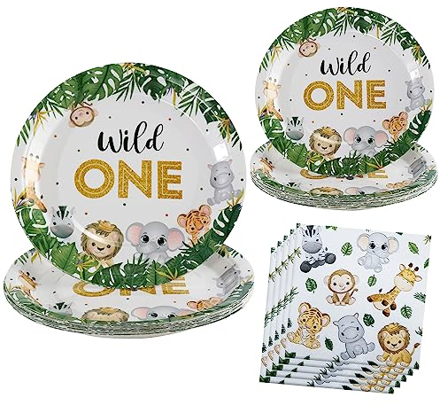 hpnparty Wild One Geburtstag Deko Partygeschirr Set für 25 Gäste,75pcs geburtstag deko party kindergeburtstag Junge Mädchen 1 Jahr Safari Dschungel Party 1 Geburtstag Papier Teller Servietten