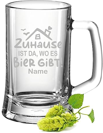 GRAVURZEILE Jarra de cerveza con grabado – El hogar es donde hay cerveza – Personalizado con nombre – Sidra de cerveza como regalo para conocedores de la cerveza – Regalos para hombres para el día del