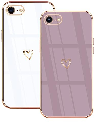 Lonrapa 2 Pezzi Cover per iPhone 8 / iPhone 7 Amore Cuore Motivo Design Morbido Placcatura Custodia per iPhone SE 2022 / iPhone SE 2020 Silicone Antiurto Protettiva Case per Ragazze - Bianco e Viola