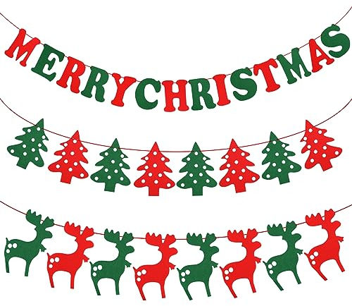 Bekecidi 3 Pezzi Striscione di Feltro Natalizio Striscione di Buon Natale Rosso Verde Babbo Natale Renna Albero di Natale Bandiera Decorazione per Festa di Natale Casa Appeso Decorazioni
