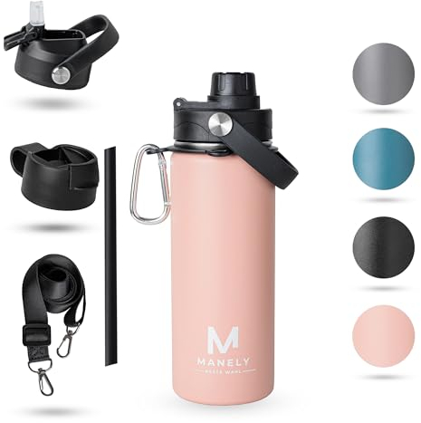 550 ml Komplettes Paket Doppelwandige Edelstahl Wasserflasche, BPA-Frei Vakuumisolierte Trinkflasche, Auslaufsicher Thermosflasche, Kohlensäure, 3 Deckel + Aufhänge Riemen + Strohhalm Thermoskanne