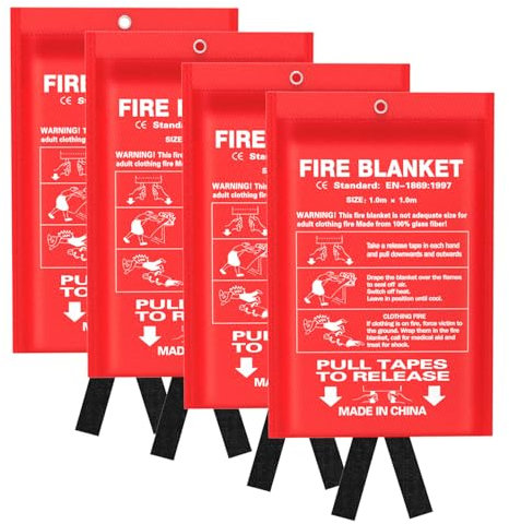 Jeagou Notfall-Feuerlöschdecke für Küche und Zuhause, 4 Stück, 100 x 100 cm, Fiberglas, Feuerschutzdecken für Überleben, Unterdrückung, feuerhemmende Decke für Menschen