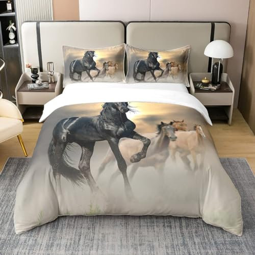 Homewish Housse de Couette Cheval 220x240 cm - Coton - Ensemble de Literie Cheval de Course, Parure de Lit Imprimée Animaux de La Ferme pour Hommes Femmes Ados Enfants, Décoration Occidentale