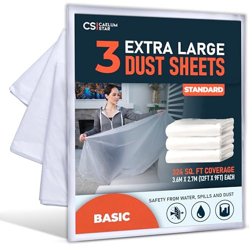 CS 3 Pack Extra Large Plastic Dust Sheets for Decorating 3.6 x 2.7m (12 x 9ft), Standard Dust Sheet for Painting & Furniture, Plastic Sheet-Plastic Sheeting-Decorating Tools-Decorating Sheets