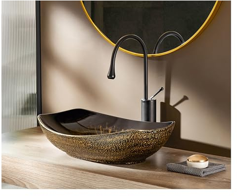 MEJE Fregadero de baño de 56,5 x 40,3 cm, lavamanos de porcelana y cerámica, color dorado vintage