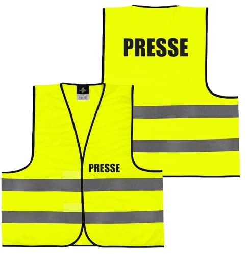 Alsino Warnweste mit Aufdruck - Sicherheitsweste Notarzt Sanitäter Brandschutzhelfer Ersthelfer Ordner Rücken/Front- Druck - M/XL/XXL/5XL, Größe wählen:XXL, Motiv wählen:023 Presse (Gelb)