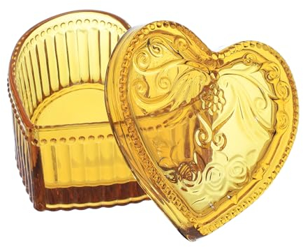Gaolinci Aufbewahrungskästchen aus Kristallglas, herzförmig, geprägt, Schmuckkästchen, Süßigkeitenschale mit Deckel, bernsteinfarben