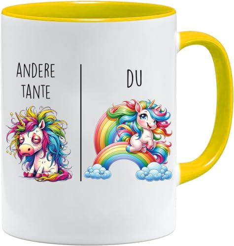 Tasse mit Spruch | Andere Tante vs Du | Tante Geschenk Geschenk für Frauen Ehe Hochzeit | Geschenkidee Frau Geburtstag Weihnachten Patentante Familie Kaffee-Becher (Gelb)