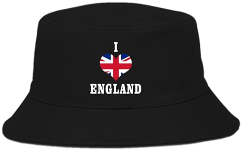 I Love England Fischerhut mit Herz-Logo, recycelt, atmungsaktiv, bedruckt, Schwarz, Schwarz , One size