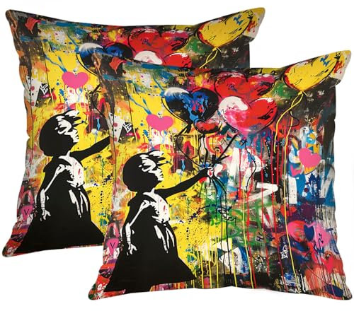 Tucocoo Graffiti-Kissenbezüge, 2 Stück, 45 x 45 cm, Banksy-Ballon-Mädchen-Muster, Modern, Urban, Kunstvolle Straßenkunst, Für Zuhause, Auto