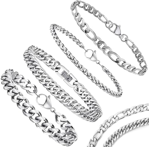 Mikqky 4 Stück Armband Herren Silber, Jungs Kubanische Armband, Panzerkette Armband Edelstahl, Panzer Armband Gliederarmband, Edelstahl Panzerarmband Für Herren Männer 19cm-21cm (Silber)