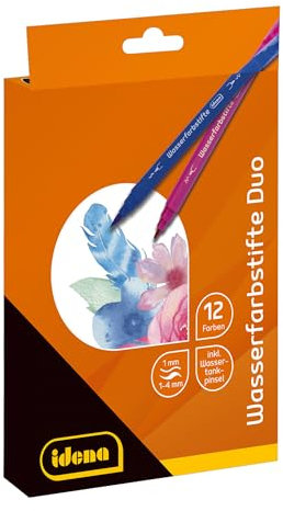 Idena 20158 - Wasserfarbstifte mit Doppelspitze, 12 wasservermalbare Filzstifte inkl. Wassertankpinsel