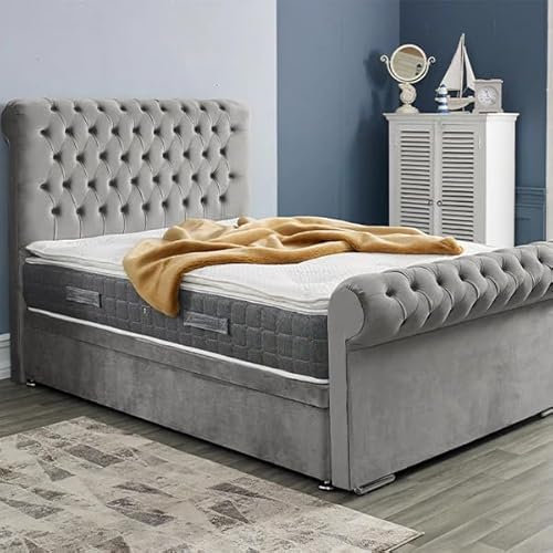 6FT Super King Ottoman Storage Solid Divan Base Chesterfield Sleigh Bed Frame With Headboard Upholstered In Plush Velvet Silver Bed End Lift - No Mattress (Silver, 6FT Super King Frame With Storage)