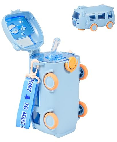 EliphonTowne Toddler Drinking Bottle with Straw - 500ml Leakproof Kids Bus Water Bottles, Cars Water Bottle with Adjustable Strap, Children Friendly Girls Boys, Home/school/Travel Use-Blue