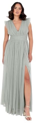 Anaya with Love Women's Maxi Dress Ladies V-Neck Short Sleeve Split Tulle A-line for Wedding Guest Bridesmaid Evening Occasion Ball Gown, Frosty Green 6