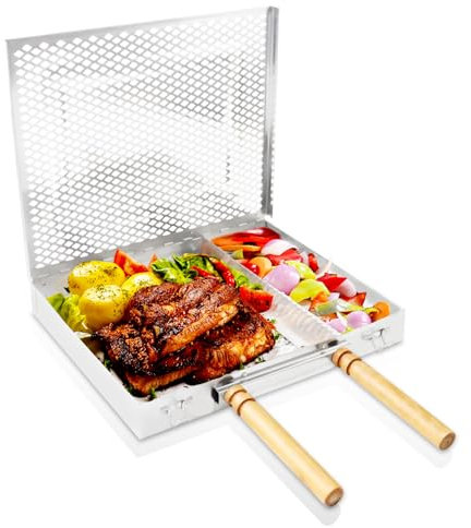Grillkorb für Blackstone Grill, Fischgrillkorb mit abnehmbarer Trennwand, Edelstahl großer Grillkorb für Gemüse, Fleisch, Garnelen, Grillzubehör, Grillgeschenke für Männer, Papa