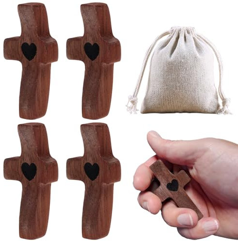 JOAASU 4 Piezas Cruz de Madera, Cruz de Oración de Madera, Cruz de Madera de Corazón, 5 x 2,5 x 1,4 cm, para Regalo Cristiano, Iglesia, Navidad, Oración, Bautizo, Comunión