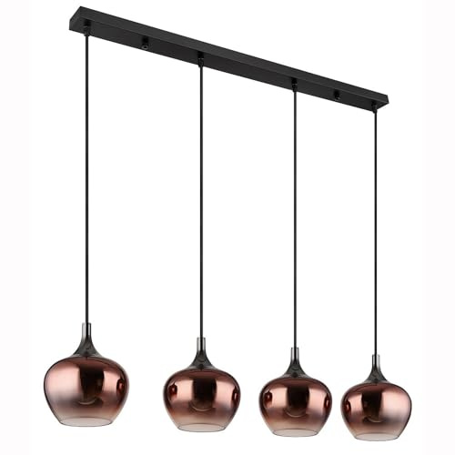 Pendellampe Hängelampe Wohnzimmerleuchte Esszimmerlampe Küchenleuchte Deckenlampe, Metall Glas kupferfarben schwarz, 4 Flammig E27, H 120 cm
