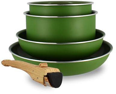 MENASTYL - Batterie de cuisine amovible revêtement antiadhésif céramique sans PFAS/PTFE - 2 poêles 22/26cm, 2 casseroles 16/18cm, 1 poignée - Tous feux dont induction – Alu recyclé Olive - 6020584
