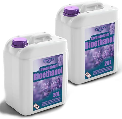 Bioéthanol 96,6 % 40 l | Alcool bio parfum lavande 96,6 % 2 x 20 l | Bioéthanol pour cheminée, cheminée de table | Parfum lavande au bioéthanol | Combustion propre, sans fumée, flamme vive et stable
