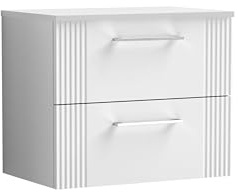 Balterley Vanity Unit with Worktop, 2-Drawer Soft Close with Bar Handle Wall Hung Bathroom Vanity Units, Partial Fluted Cabinet & Laminated Worktop - 605 x 390 x 522mm (White)
