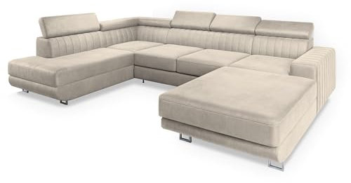 Masseno Ecksofa Siena L-S mit Schlaffunktion U-Form, Sofa mit Bettkasten, Wohnzimmersofa, Couch, Soffa, Bettsofa, Couchgarnitur- Creme, Monolith 04