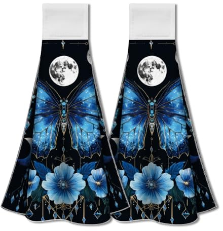 WADORN Lot de 2 torchons Cuisine à Suspendre Papillon Bleu, Serviettes à Main Douces Absorbantes à Fleurs Bleues Boho de Boucle en Microfibre Witchy Gifts Serviettes à Vaisselle pour Salle de Bain