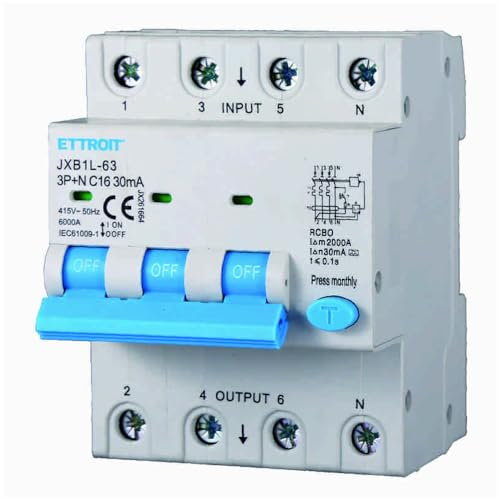 Interruttore magnetotermico differenziale salvavita, 3P+N, occupa 4 moduli DIN, 380V 415V, 16A C16, 30mA, 6KA 6000A, RCBO, classe A