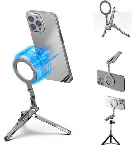 HAFOKO Magnético Bolsillo Teléfono Trípode Aluminio Mini Sobremesa Plegable Magnético Trípode Mano Compatible para iPhone 16/15/14/13/12 Plus Pro MAX, Ligero Teléfono Trípode Soporte Viaje
