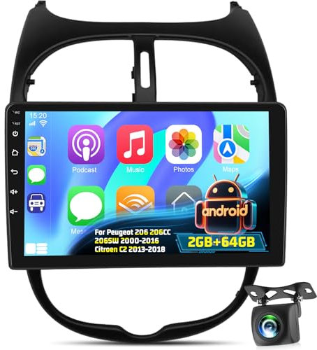 [2+64G] Android Radio de Coche para Peugeot 206 206CC 206SW 2000-2016 Citroen C2 2013-2018 con Carplay & Android Auto - Radio con Pantalla Táctil de 9’’ con WiFi DSP FM/RDS SWC + Cámara de Seguridad