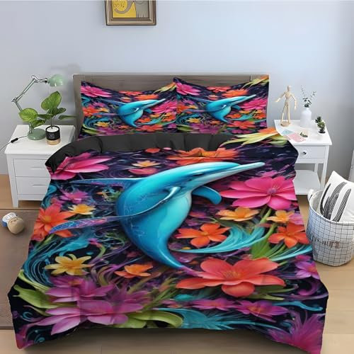 YZQGLHP Bettbezüge 135x200 Blumen Bettwaesche Delphin Bettbezug Mikrofaser 3teilig Bettwäsche Weich Atmungsaktiv und 2 Kissenbezüge 80x80 cm mit Reißverschluss