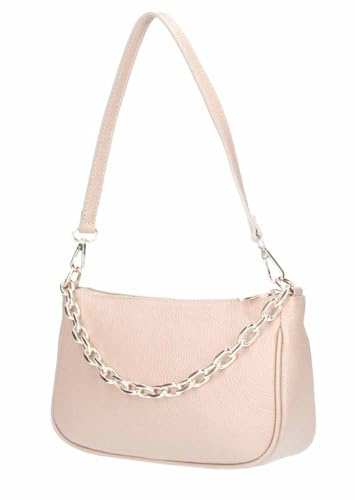 Made in Italy Damen Leder Tasche Pochette mit Kette Schultertasche Handtasche City Bag Umhängetasche Clutch Ledertasche Bodybag Schmucktasche Crossbody Cross-Over Rosa