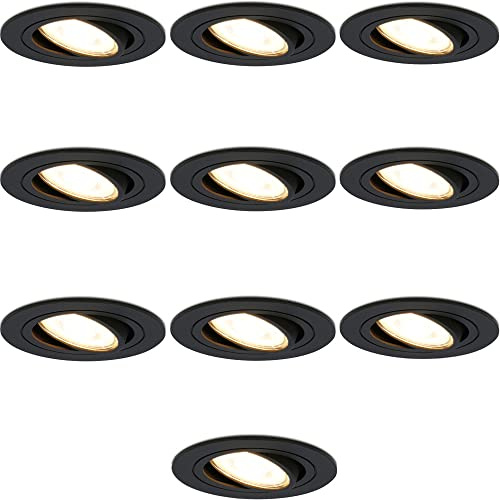 HOFTRONIC - 10er Set LED Einbaustrahler Schwarz 230V - Schwenkbar und Stufenlos Dimmbar - Einbauleuchten 4 Watt - 345 Lumen - GU10 2700K Warmweiß - Deckenspots Rund (Ã˜75-80 mm) Flach
