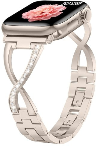 Sixmoat Metall Armbänder Kompatibel mit Apple Watch Armbändern für Damen 38mm 40mm 41mm 42mm(Serie 10) Glitzerndes X-förmiges Ersatzarmband für iWatch SE Serie 10 9 8 7 6 5 4 3 (Polarstern)