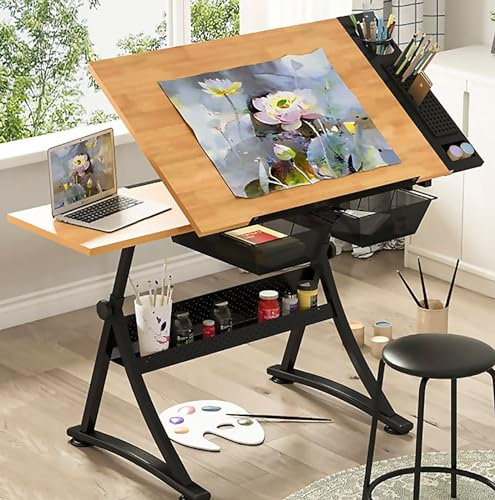 Scherenhubtisch Elektrisch Hubtisch, Zeichentisch aus Holz mit Hocker, Kunst- und Basteltisch, höhenverstellbar (68–90 cm), 80° neigbar, Zeichenarbeitsplatz für Kunstwerke, Grafikdesign, Sch
