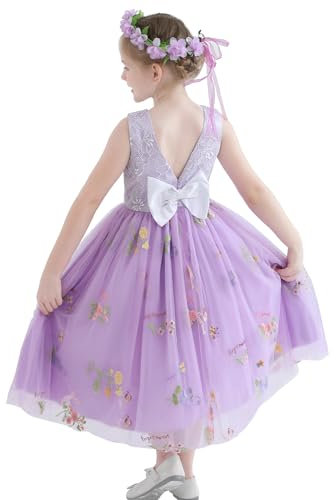 Amissz Vestidos Niña Flor Encaje Vestidos Niñas Princesa Vestido Niñas Ceremonia con Flores Bordadas Fiesta Poncho Vestidos-Niña Novia Vestido para Desfiles con Diademas para 2-8 Años