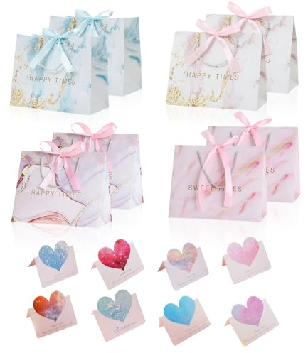 16 Stück Geschenktüten mit Schleifen & Herz Karten, Geschenkverpackung Geburtstag, Geschenktüte Groß 25x20x12cm, Papier Tragetaschen für Hochzeit, Party, Weihnachten, Muttertag