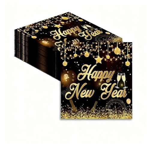 YTAXYZWR Elegante Neujahrsnacht Servietten – 40er Pack Schwarze und goldene Servietten mit „Frohes Neues Jahr“-Prägung, perfekte Dekoration für Silvesterparty, Neujahr und Festessen,33 x 33 cm