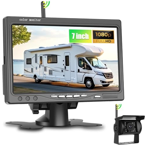 SIXWIN Kabelloses Rückfahrkamera-Set HD 1080P, 7-Zoll-Monitor mit 1 Kabelloser Rückfahrkamera für Anhänger, Wohnmobil, LKW, Auto, Bus, IP68 wasserdicht, Nachtsicht, BSD, 12V-36V