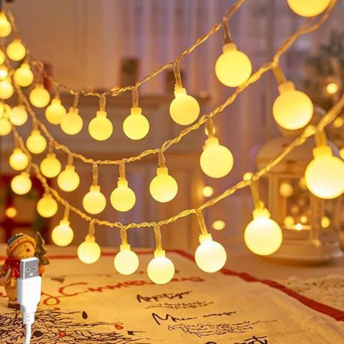 USB Lichterkette Innen,6M 40LED Kugel Lichterkette Warmweiß,LED Lichterketten Globe Außen,Lichterkette Außen Innen,Weiße Lichterkette Kugeln,LED Lichterketten Globe,für Hochzeit,Party,Weihnachten
