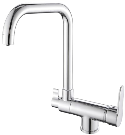 Zeffrary Grifo de cocina de 3 vías, plegable con arranque en frío, grifo mezclador 3 en 1 para filtro de agua, giratorio 360°, grifo de cocina con 2 palancas (cromo)