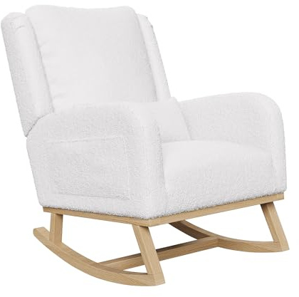Lazyspace Schaukelstuhl Weiß Teddystoff, Relaxstuhl Sessel Stuhl Wohnzimmersessel Stillsessel Schaukelsessel mit Seitentaschen & Holzsockel für Wohnzimmer Schlafzimmer Balkon-Belastbarkeit bis 150 kg