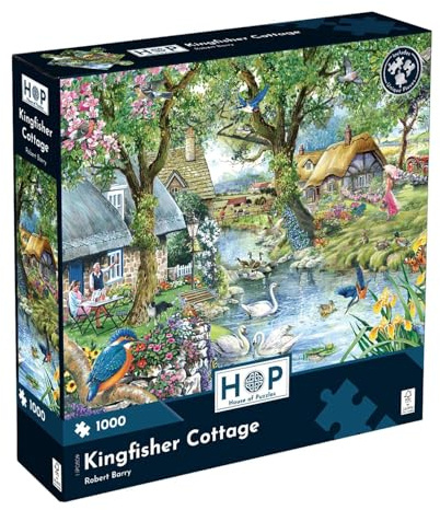 The House of Puzzles | Kingfisher Cottage 1000 Piece Jigsaw Puzzle | Robert Barry Artist | Thatched Building Theme | 48 x 69cm (19 x 27in) | FSC Certified Board
