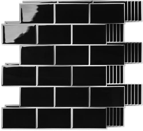 Art3d Lot de 10 Carreaux Muraux Autocollants à Décoller et à Coller | Pour Décoration de Cuisine et de Salle de Bain ,Noir avec Coulis Argenté,30,5 x 30,5 cm