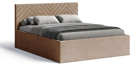 Meblofun Polsterbett ABETE mit Kopfteil, 160x200 cm, Doppelbett mit Bettkasten und Lattenrost aus Holz, Velourstoff, Farbe: Hellbraun