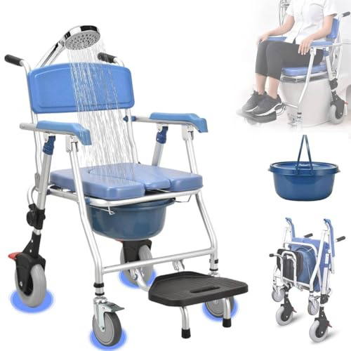 Klappbar Badezimmerrollstühle Duschstuhl Mit Rollen Klappbar Wc Stuhl Mit Herausnehmbarer Eimertoilettenstuhl Mit Rollen Für Senioren 150kg Fahrbarer Toilettenstühle (Geeignet für Türbreiten > 57 cm)