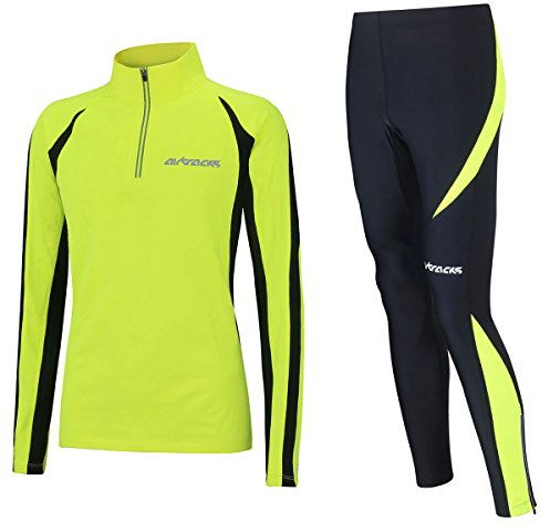 Airtracks Herren Winter Funktions Laufset Pro - Thermo Laufhose Lang Pro + Thermo Laufshirt Langarm Pro - Warm - Atmungsaktiv - Reflektoren