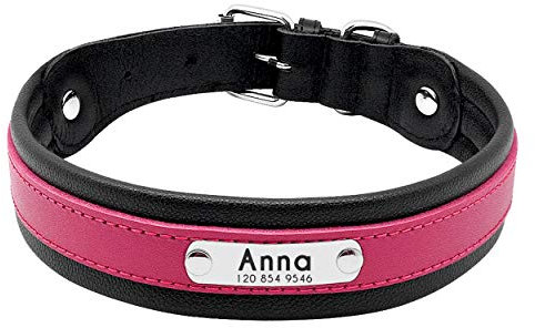 PET ARTIST Studded Hot Pink Leather Dog Collar with Name Plate - Personalized Leather Dog Collars for Large Dogs - Free Engraved with ID Tags, XL(Neck 19.5-24.5)